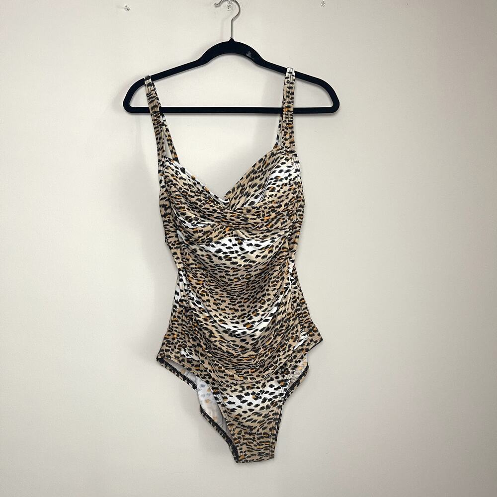 Emerald Bay Leopard RUched SweetHeart Neckline Pull On One Piece‎ Swimsuit Sz 14
